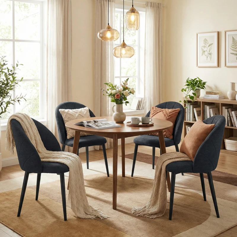 Modern Dining Chairs Set of 4, Upholstered Dining Room Chairs with Metal Legs, Shell Backrest, Padded Seat, Black