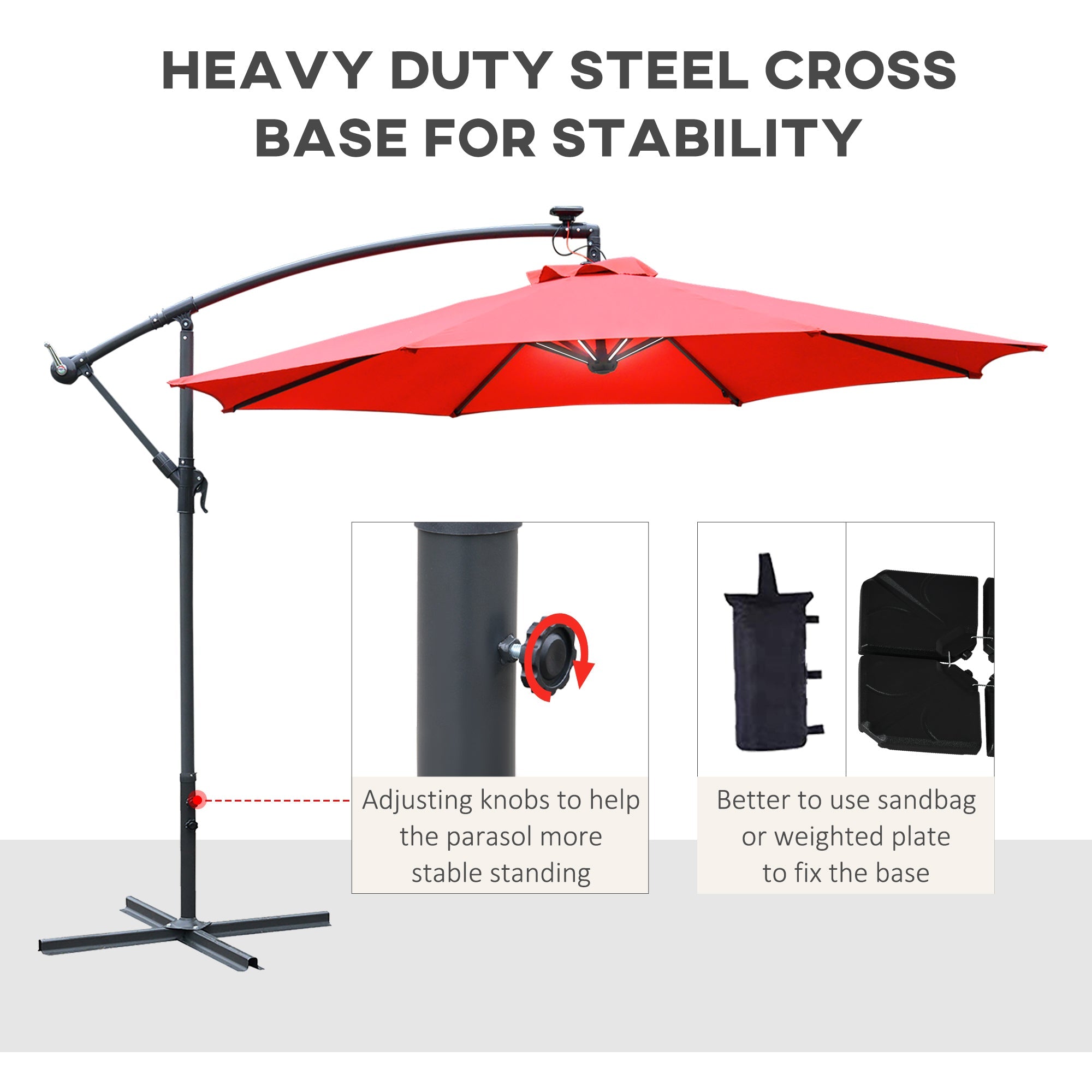 Outsunny 10ft Solar LED Cantilever Umbrella: Red Hanging Offset Market Parasol with Crank Feature 