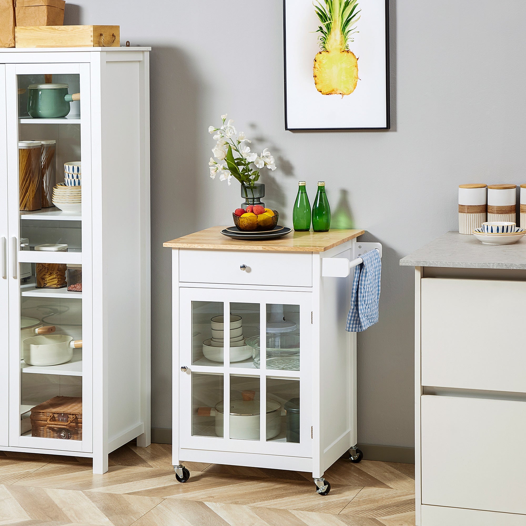 HOMCOM Kitchen Elegance: Rolling Cart Island with Drawer, Glass Door Cabinet, Towel Rack, White Finish 