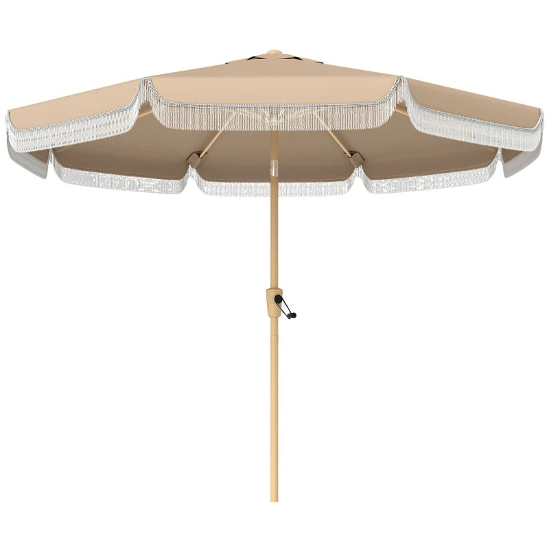 9 ft Patio Umbrella with Push Button Tilt and Crank, Fringed Outdoor Market Table Umbrella Parasol, Khaki