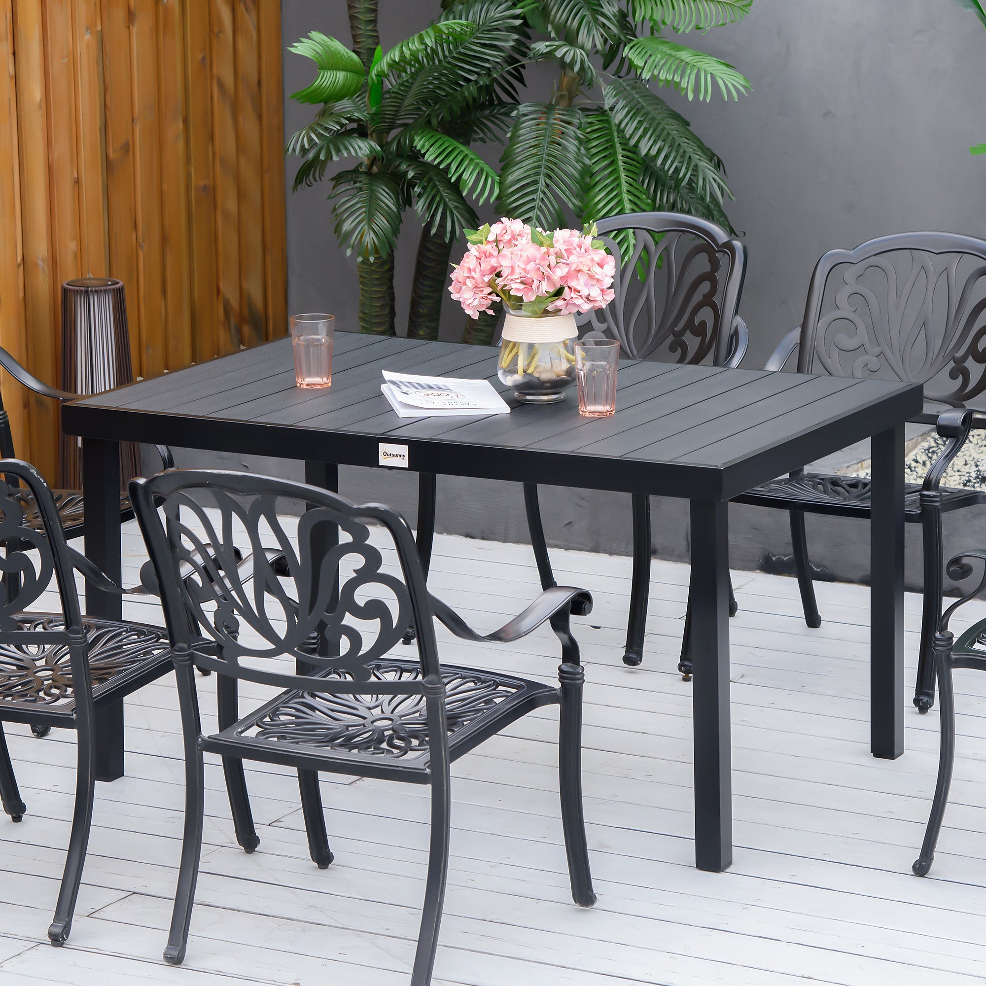 Outsunny Outdoor Dining Table for 6 Rectangular Aluminum Patio Table Garden Lawn Backyard Black 