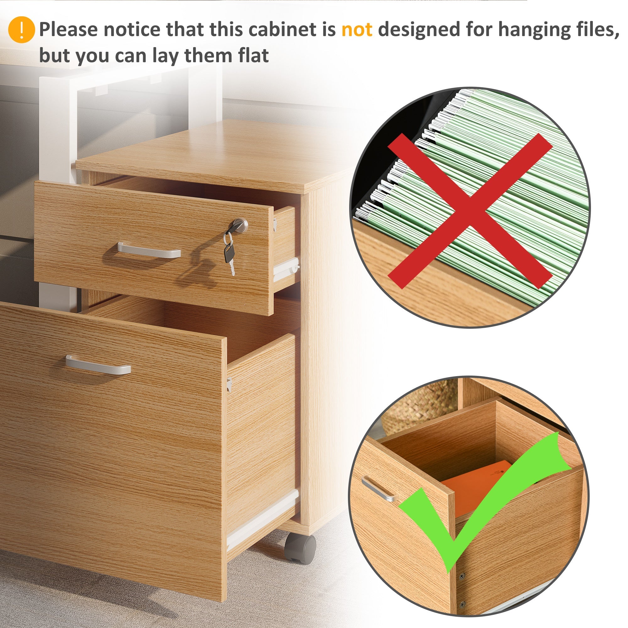 Vinsetto Filing Cabinet 2-Drawer with Lock, Mobile Rolling Office Storage, Natural Finish 