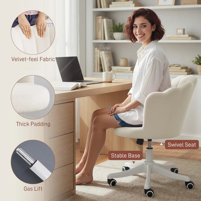 Office Chair, Armless Swivel Desk Chair with Adjustable Height, Backrest, Tilt Function for Office, Vanity, Cream