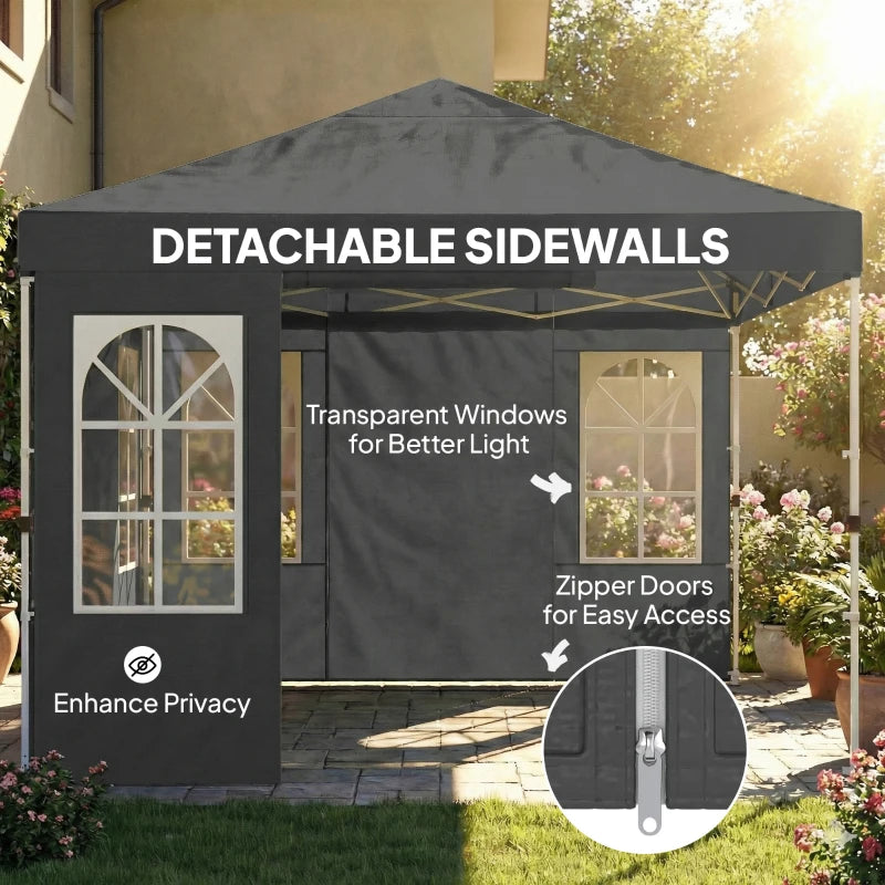 9.6 x 9.6 ft Pop Up Canopy Tent with 4 Sidewalls, UPF 50+ 1-Button Push Easy Setup Outdoor Instant Canopy, Dark Grey