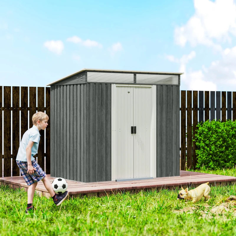6.5x4FT Galvanised Metal Shed with Foundation Kit, Lockable Garden Tool Storage House with Sliding Doors, Vents, Grey
