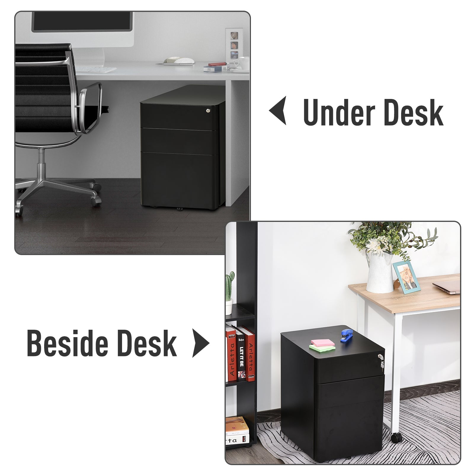 Vinsetto Compact File Vault: 3 Lockable Drawers & Smooth-Rolling Mobility for Secure Home Office Organization, Black 