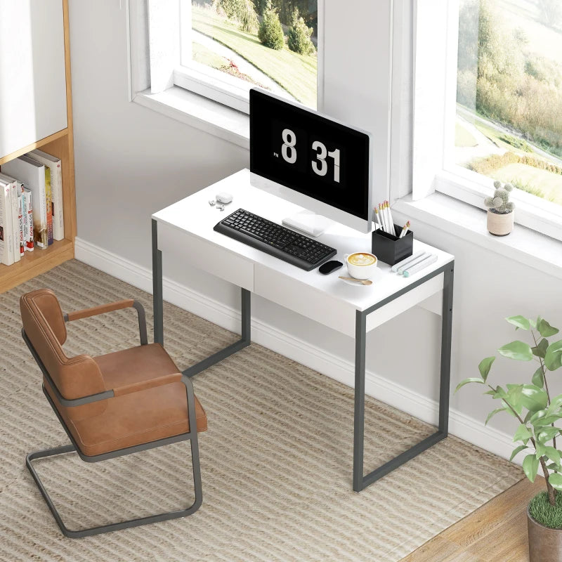 High Gloss Home Office Desk, 39" x 20" Computer Desk with 2 Drawers for Small Spaces, White and Grey