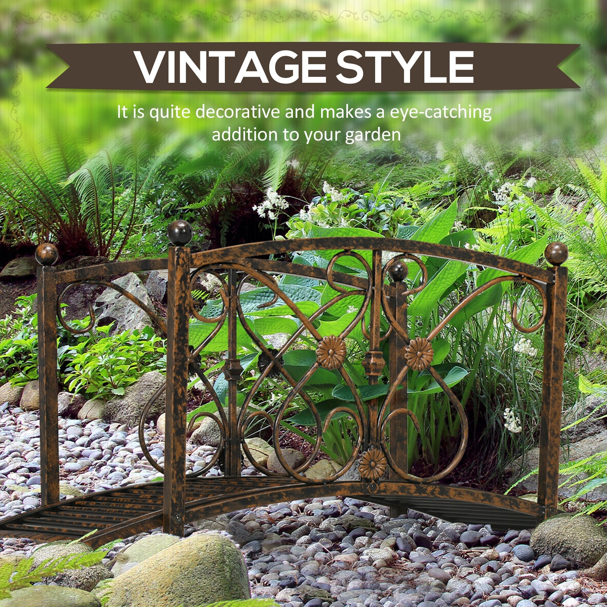 Outsunny Garden Bridge 3.3FT, Decorative Classic Backyard Pond Bridge with Safety Railings Brown 