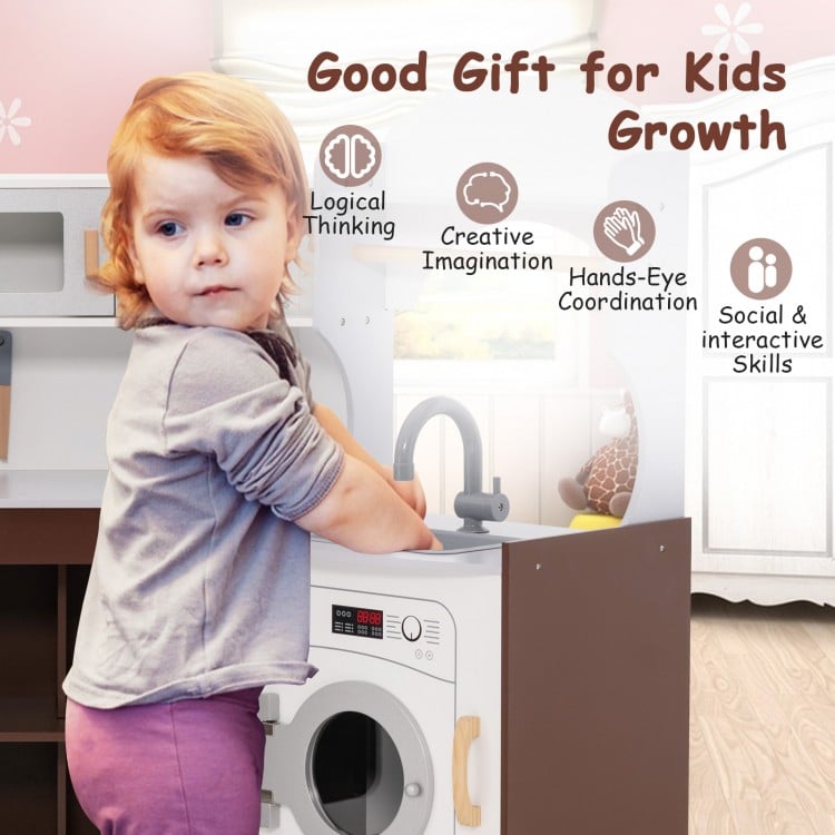 Toddler Kitchen Playset with Ice Maker Microwave Oven Sink and Washing Machine for Kids 3+ Years Old