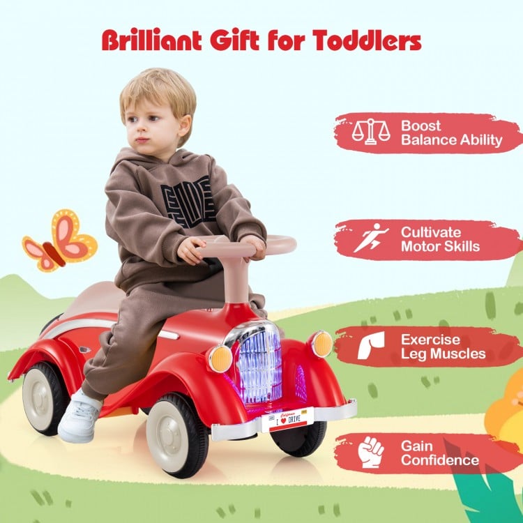 Toddler Ride on Toy Classic Sliding Car with Horn and LED Headlight-Red