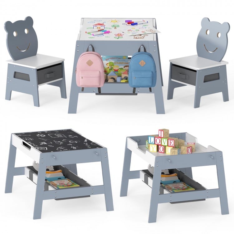 Toddler Table and 2 Chairs 5-in-1 Cute Art Desk Set with Reversible Chalkboard Whiteboard-Grey
