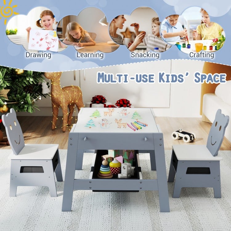 Toddler Table and 2 Chairs 5-in-1 Cute Art Desk Set with Reversible Chalkboard Whiteboard-Grey