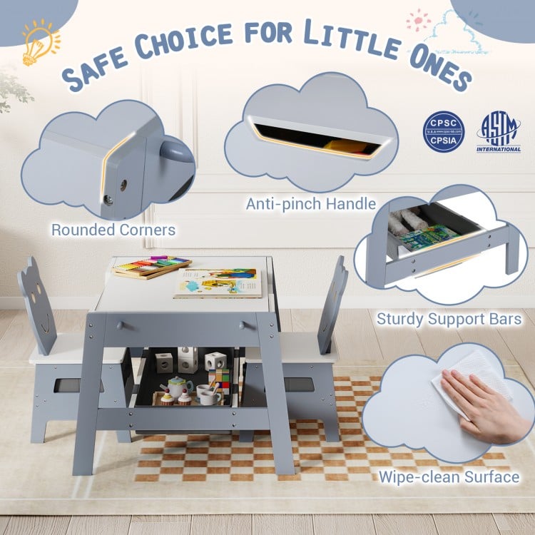 Toddler Table and 2 Chairs 5-in-1 Cute Art Desk Set with Reversible Chalkboard Whiteboard-Grey