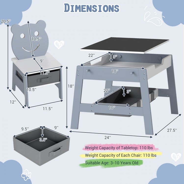 Toddler Table and 2 Chairs 5-in-1 Cute Art Desk Set with Reversible Chalkboard Whiteboard-Grey