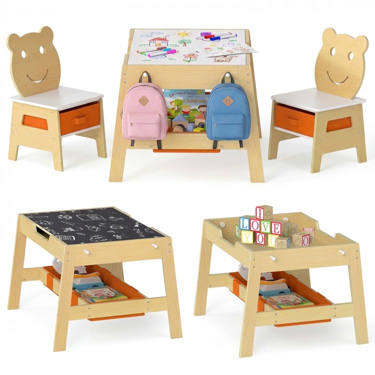 Toddler Table and 2 Chairs 5-in-1 Cute Art Desk Set with Reversible Chalkboard Whiteboard-Natural