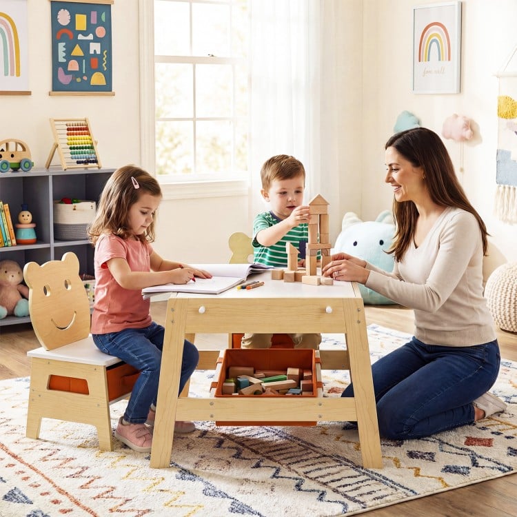 Toddler Table and 2 Chairs 5-in-1 Cute Art Desk Set with Reversible Chalkboard Whiteboard-Natural