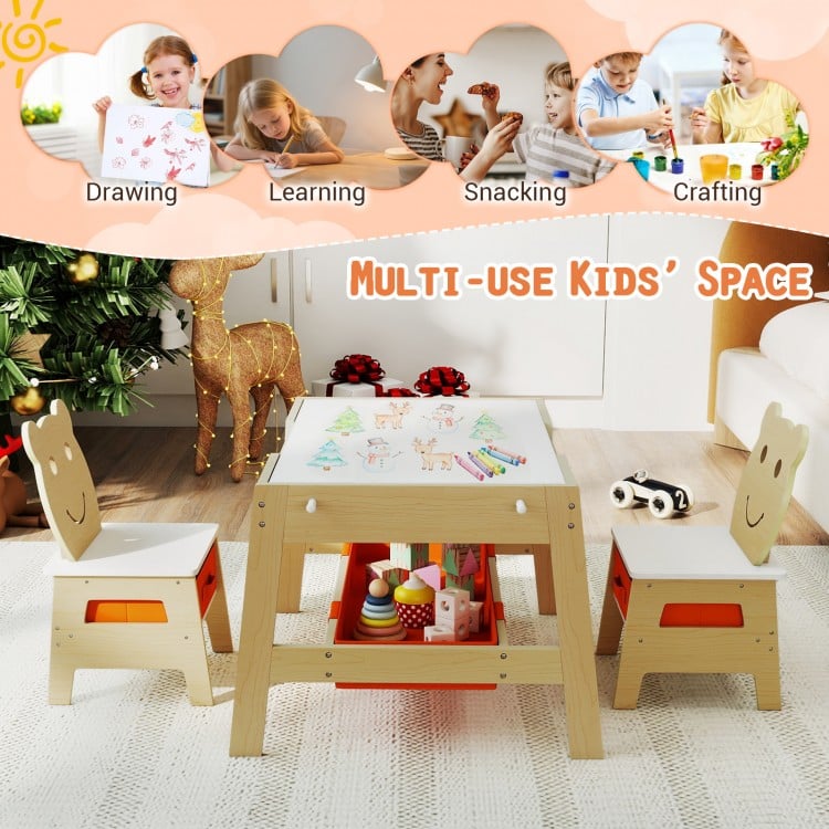 Toddler Table and 2 Chairs 5-in-1 Cute Art Desk Set with Reversible Chalkboard Whiteboard-Natural