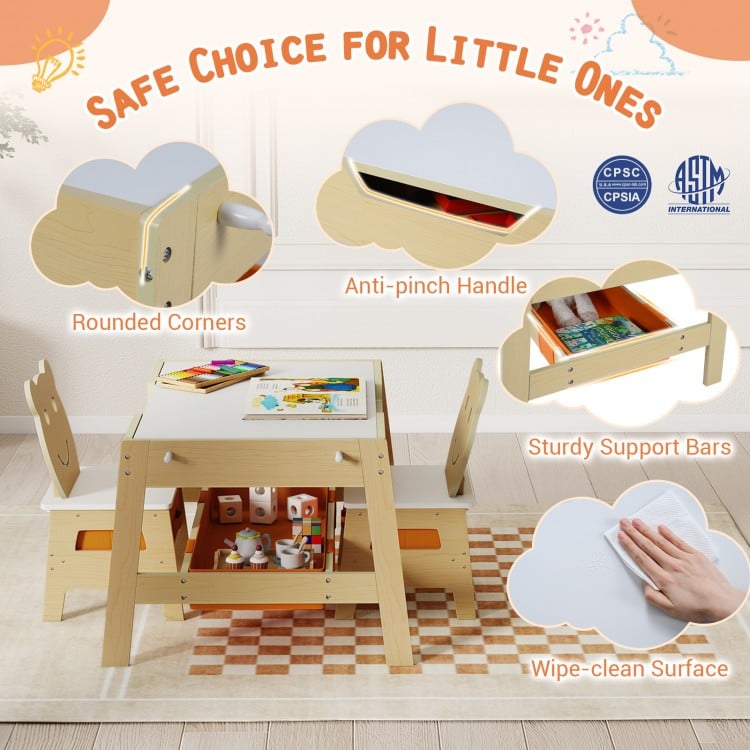 Toddler Table and 2 Chairs 5-in-1 Cute Art Desk Set with Reversible Chalkboard Whiteboard-Natural