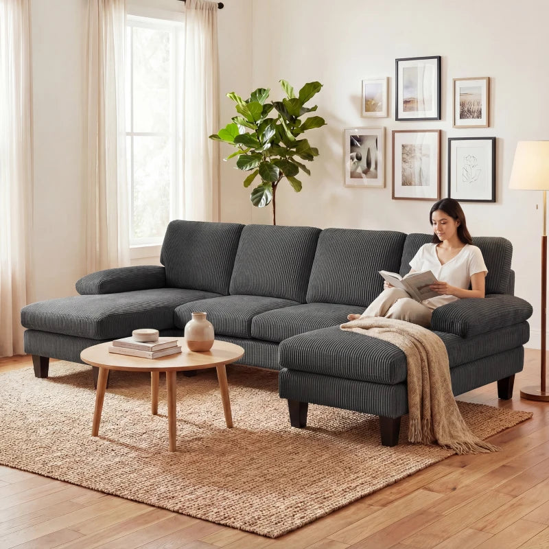 Sectional Sofa, U Shaped Couch with Double Chaise, Pillow-top Armrests and Spring Cushions, 2200lb Capacity, Dark Grey