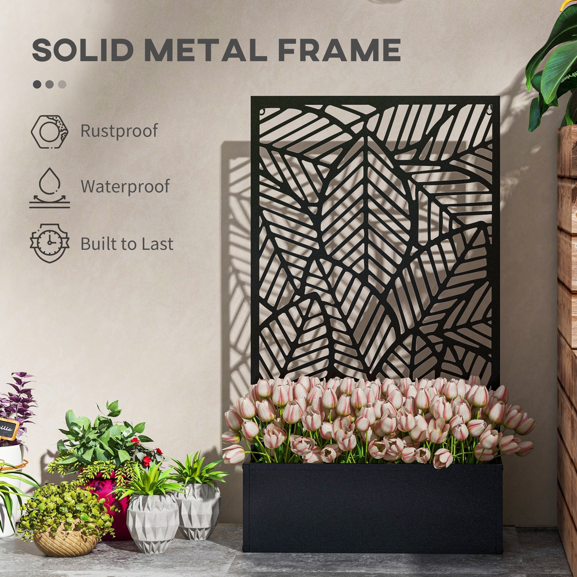 Outsunny Metal Outdoor Raised Garden Bed with Privacy Screen, Privacy Panel and Planter Box, Wall-Mounted or Freestanding, Black 
