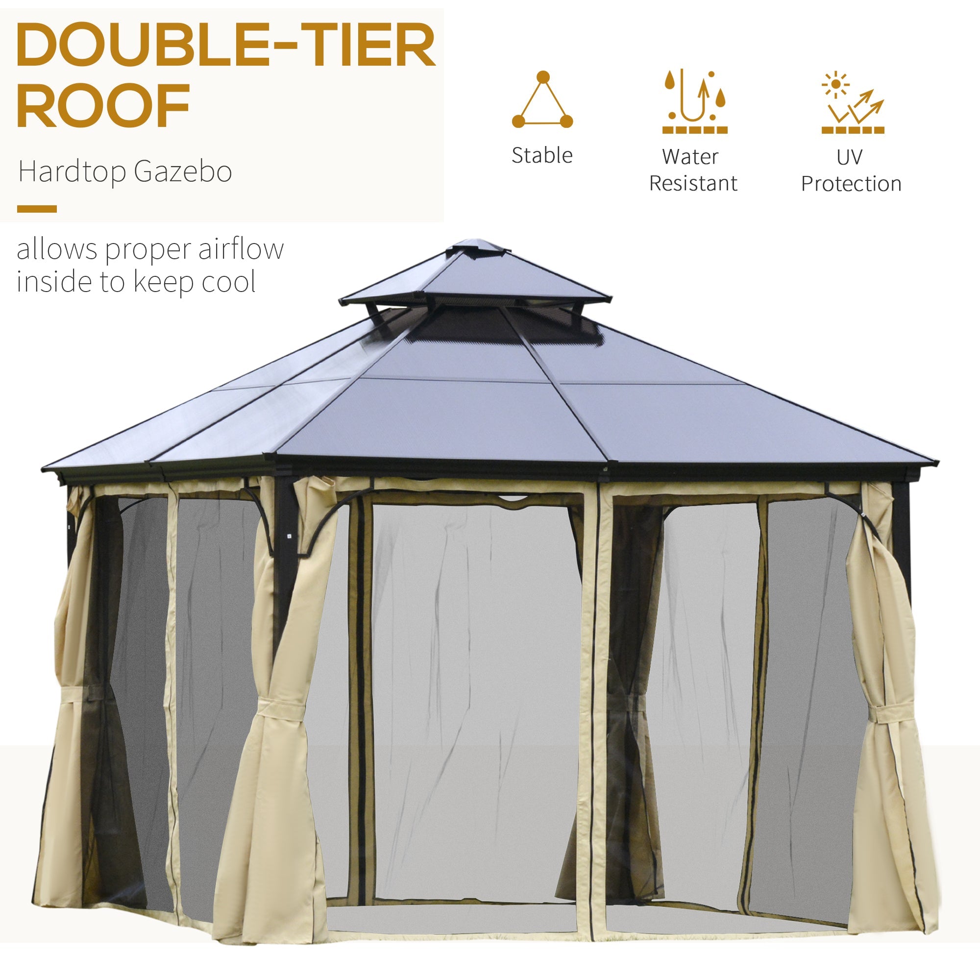 Outsunny 10' x 10' 2-Tier Outdoor Gazebo Canopy with Polycarbonate Roof, Curtains and Netting, for Garden, Deck, Beige 