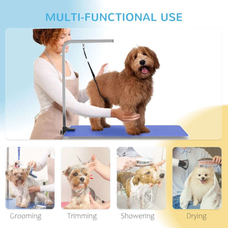 Dog Grooming Table w/ Adjustable Arm, Mesh Tray,  Two Nooses, Rubber Surface, 35" x 24" x 61", Blue