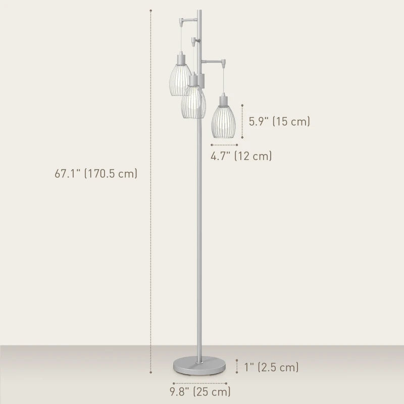Industrial Floor Lamp with 3 Hanging Wire Lampshades, Dimmable Standing Lamp for Living Room, Silver