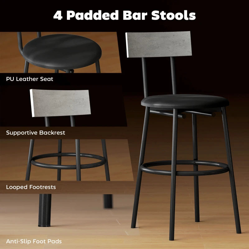5-Piece Bar Table Set, Industrial Bar Table and Stools for 4 with Footrest and Steel Frame for Kitchen, Cement Grey