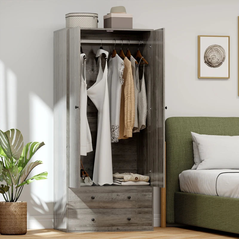 Modern Wardrobe Closet Armoire with 2 Drawers and Hanging Rod, Clothes Storage Organizer for Bedroom, Grey