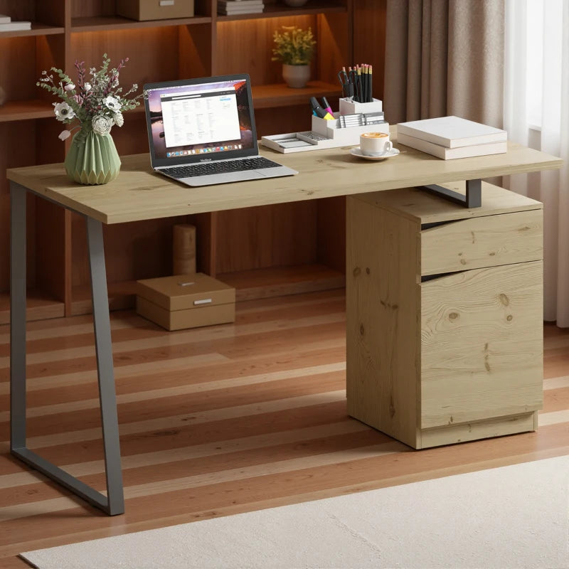 53 Inch Computer Desk, Writing Table with Cabinet, Drawer, Adjustable Shelf for Home Office Study, Natural Wood