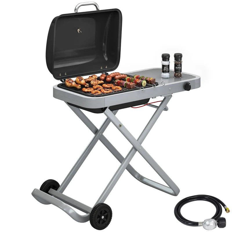 Outsunny Portable Propane Gas BBQ Grill with Foldable Cart, Wheels, 9500 BTU Gas Barbecue Grill with Piezo Ignition Burner, Black