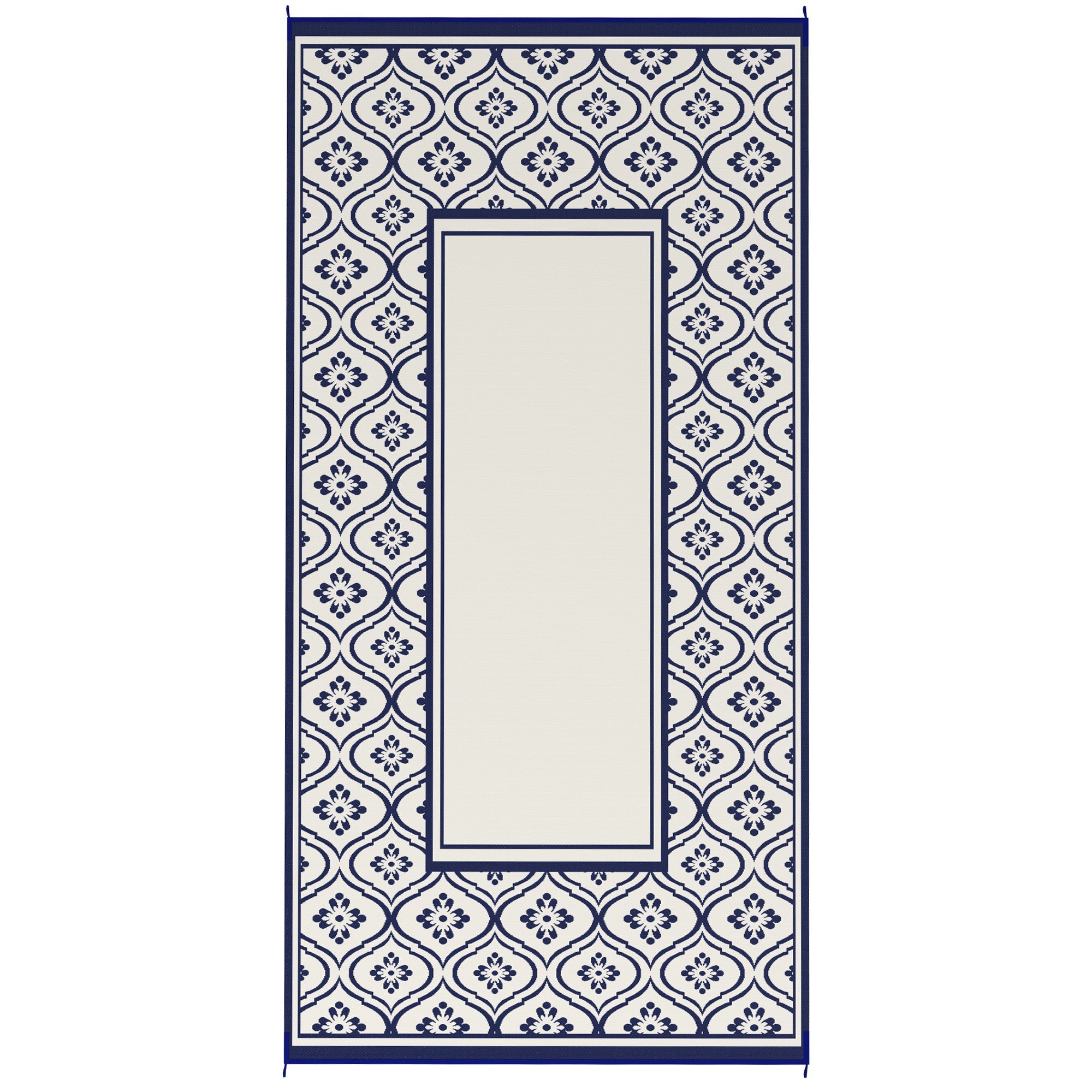 Outsunny 9' x 18' Outdoor RV Rug, Reversible Patio Floor Mat with Carry Bag, Gourd Border, Blue and White 