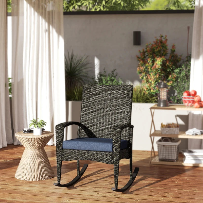 Outdoor Rocking Chair, Patio Wicker Chair Removable Cushion, High Back and Armrests for Porch Balcony, Navy Blue