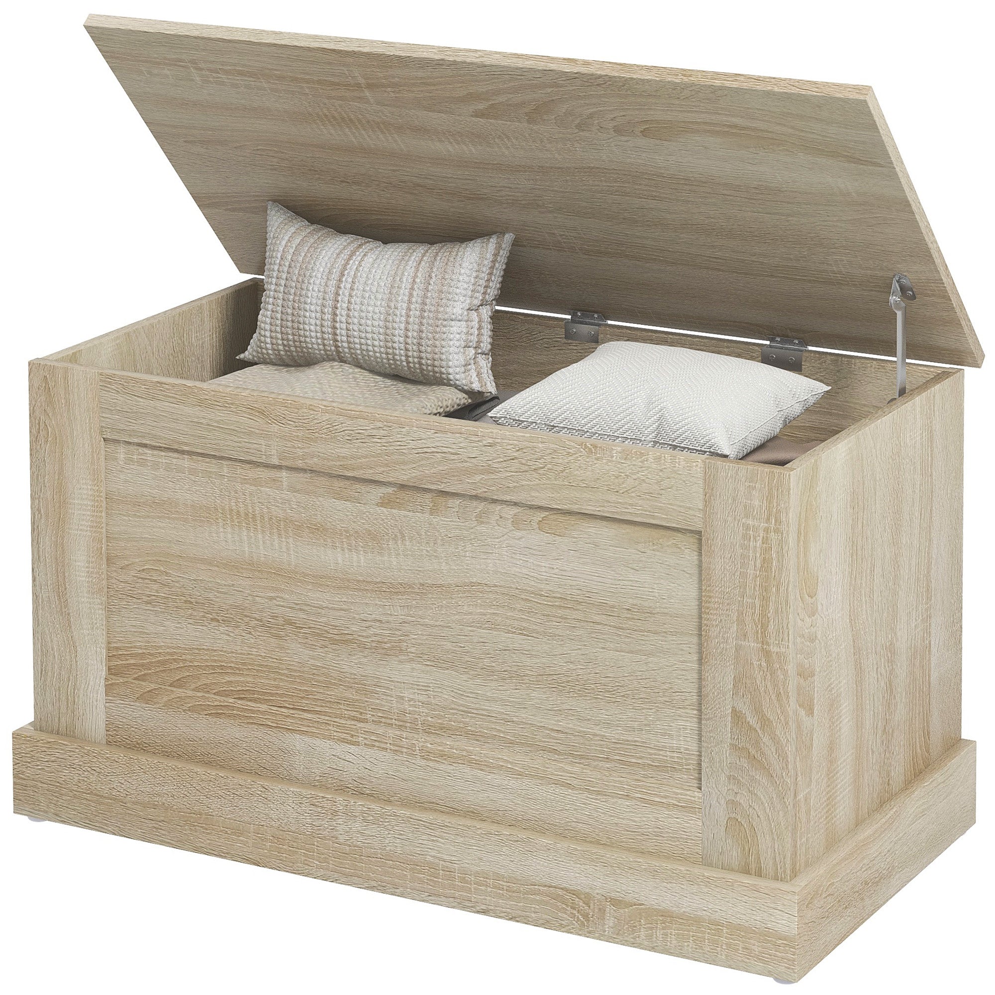 HOMCOM 31.5 Inches Storage Chest, Storage Trunk with Safety Hinge, Wooden Toy Box for Living Room, Natural Wood Grain 