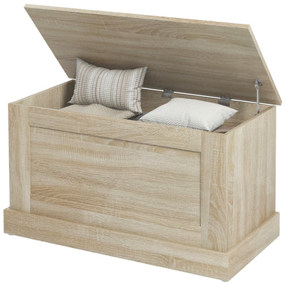 HOMCOM 31.5 Inches Storage Chest, Storage Trunk with Safety Hinge, Wooden Toy Box for Living Room, Natural Wood Grain 