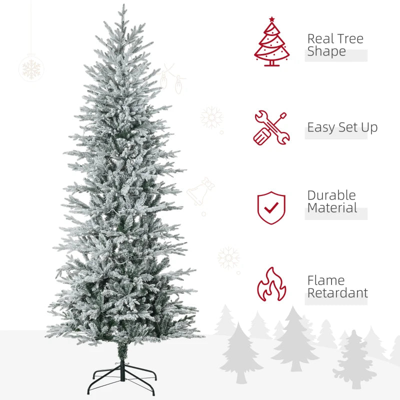 HOMCOM 7.5' Pre Lit Artificial Flocked Christmas Trees, with Snow Branches, Warm Yellow Clear Lights, Auto Open, Extra Bulb