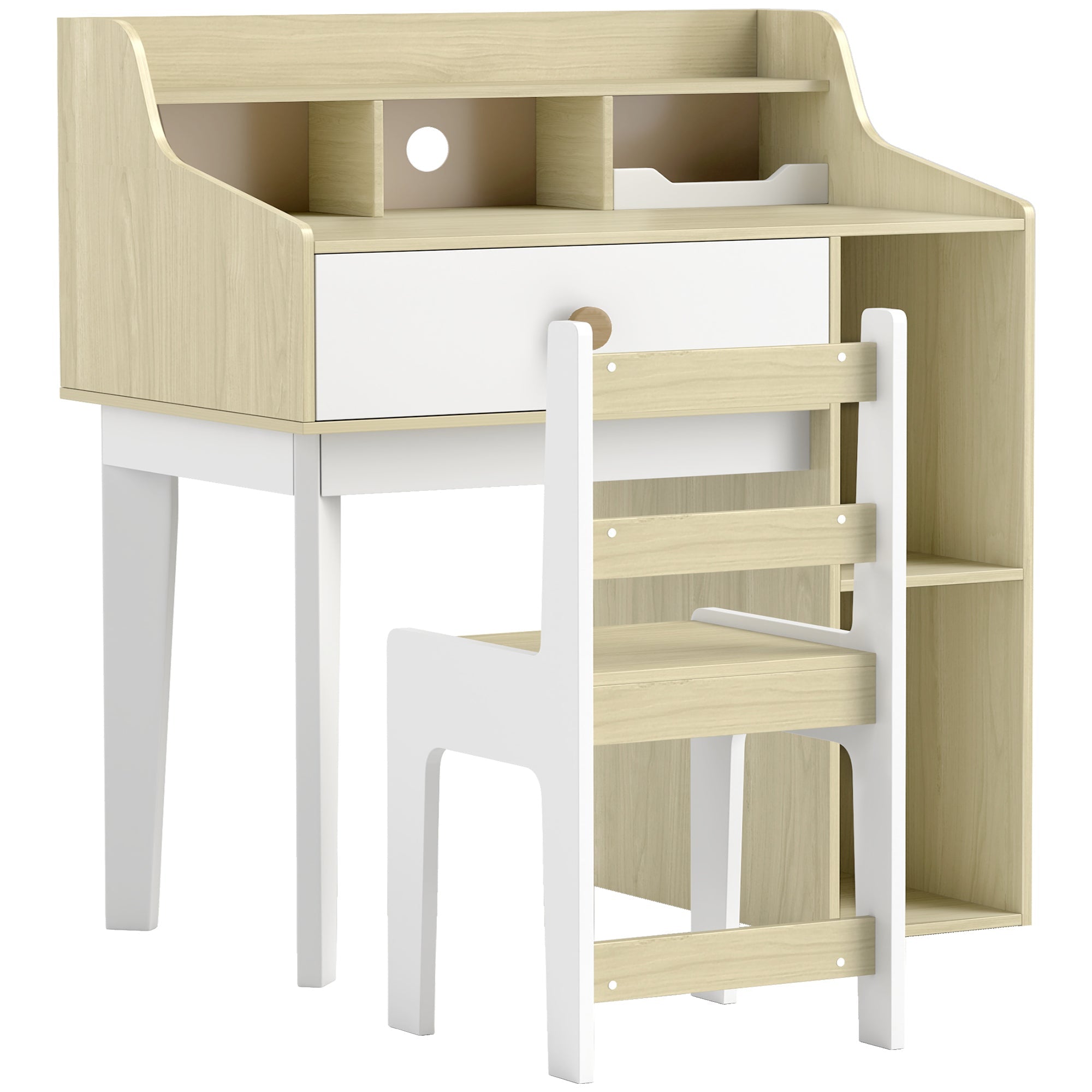 Qaba Kids Desk and Chair Set with Storage Shelves, Drawer, for 3-10 Years, White 