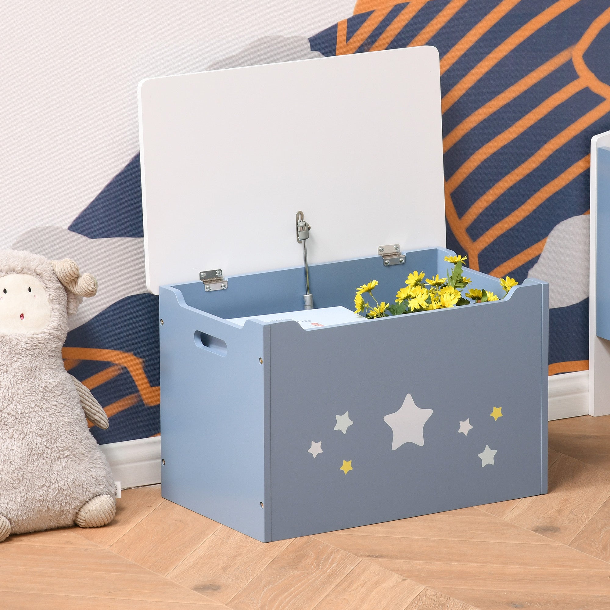 Qaba Wooden Toy Storage Box Organizer Chest with Seating Bench and Gas Stay Bar for Kids Room Blue 