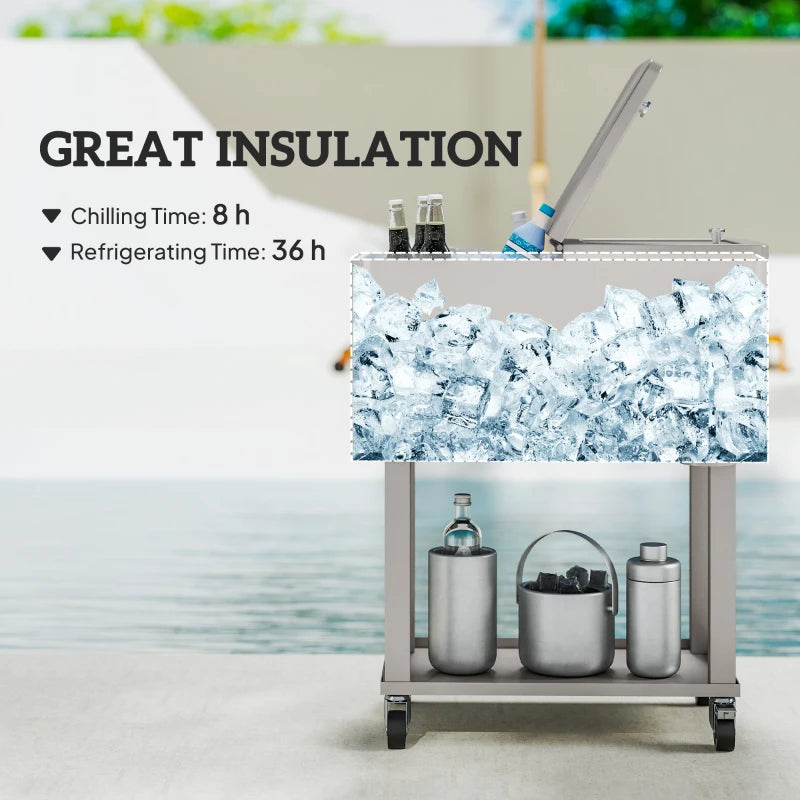 60 Quart Rolling Outdoor Cooler, Portable Rolling Patio Cooler Cart with Locking Wheels, Storage Shelf, Silver