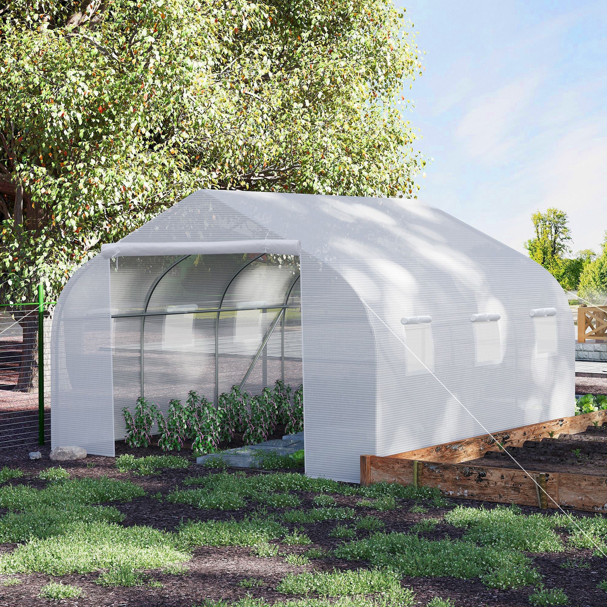Outsunny Heavy Duty Walk-in Tunnel Greenhouse 15x10x7ft White Gardening Planting Shed Warm Shelter 