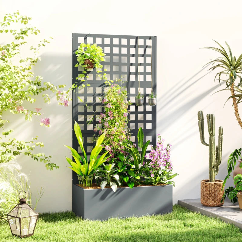 Galvanized Raised Garden Bed Planter Box with Trellis for Climbing Plant, Vegetable, Vine, 35"x16"x70" Grey Wood Effect