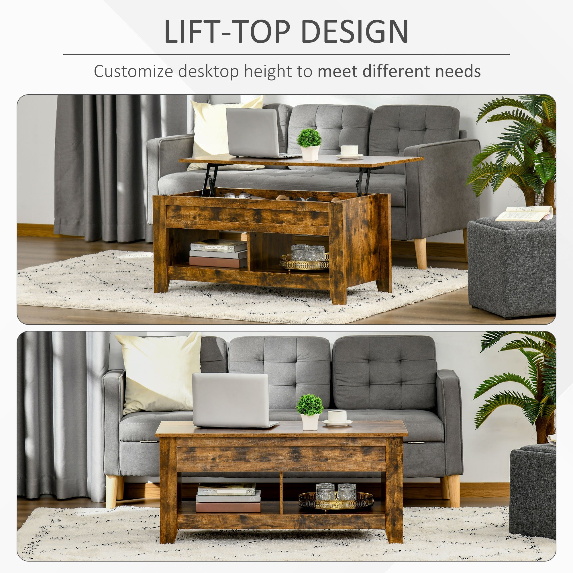 HOMCOM Lift-Top Coffee Table: Hidden Storage Shelves & Adjustable Pop-Up Tabletop, Living Room Furniture, Brown 