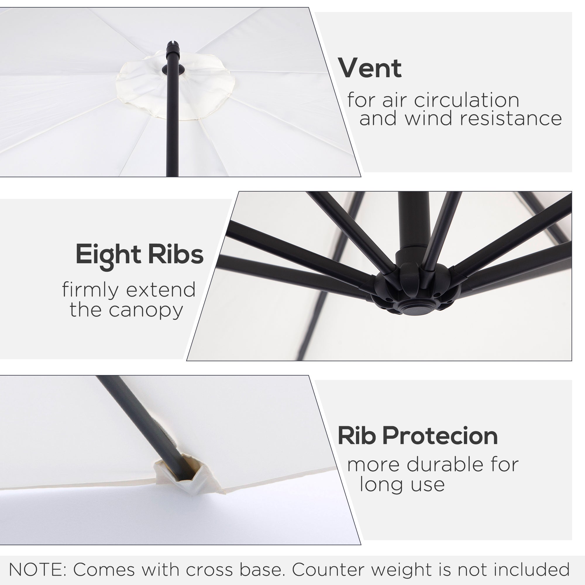 Outsunny 9.7ft Offset Patio Umbrella Cantilever Parasol with Crank Handle 8 Ribs and Cross Base for Outdoor Sun Shade Cream 