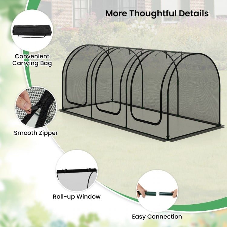 Tunnel Crop Cage Large Portable Plant Protection Tent with 3 Roll-up Zippered Doors