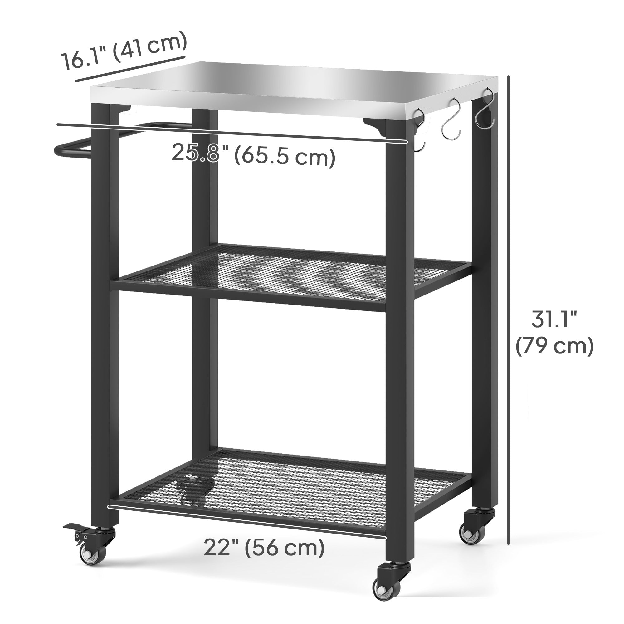 Outsunny 3-Shelf Outdoor Grill Cart Table with Stainless Steel Top, Hooks, Pizza Oven Stand on Wheels 