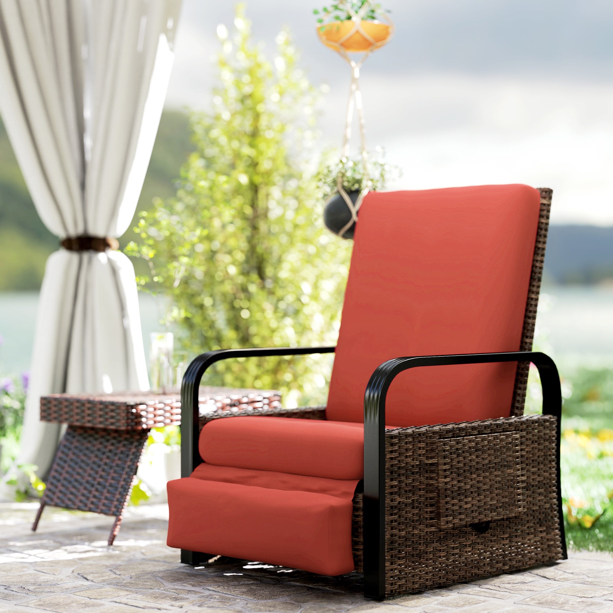 Outsunny Wicker Outdoor Recliner Chair, Reclining Lounge Chair with Adjustable Backrest, Footrest and Side Tray, Red 