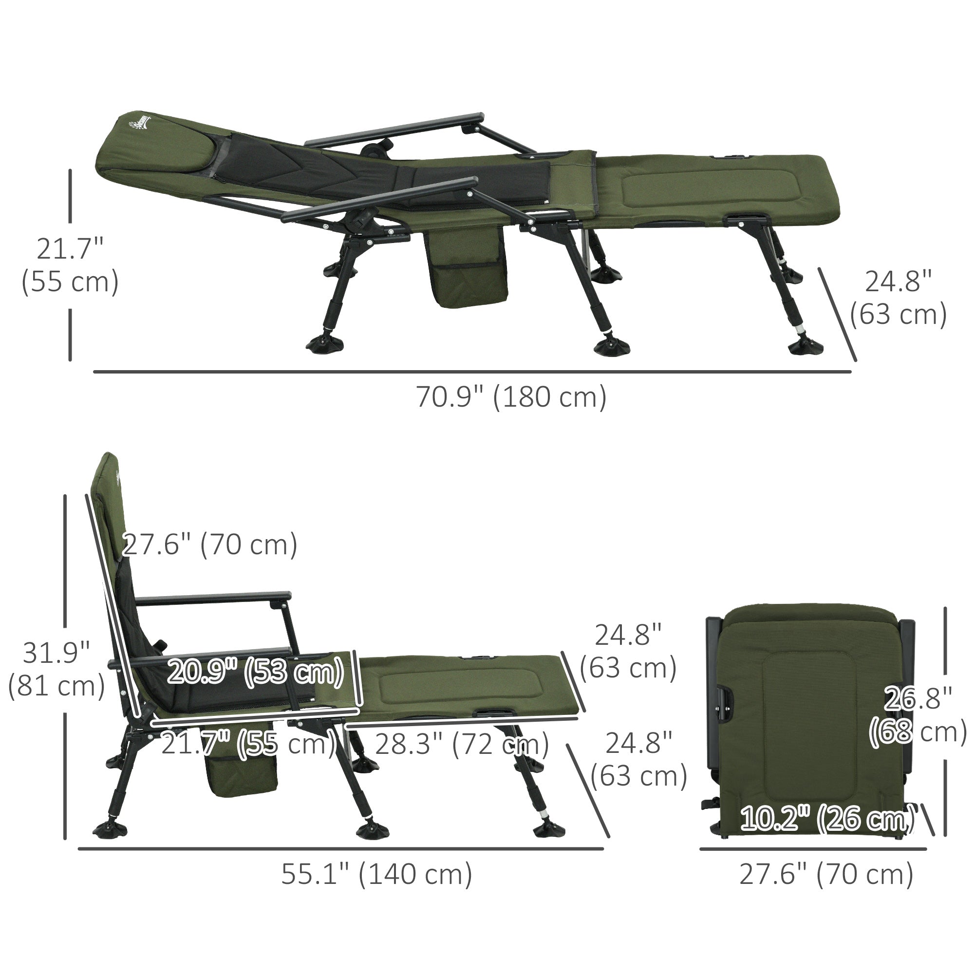Outsunny Fishing Chair Heavy Duty 330lb Capacity Reclining Backrest Footrest Adjustable Legs Dark Green Color 