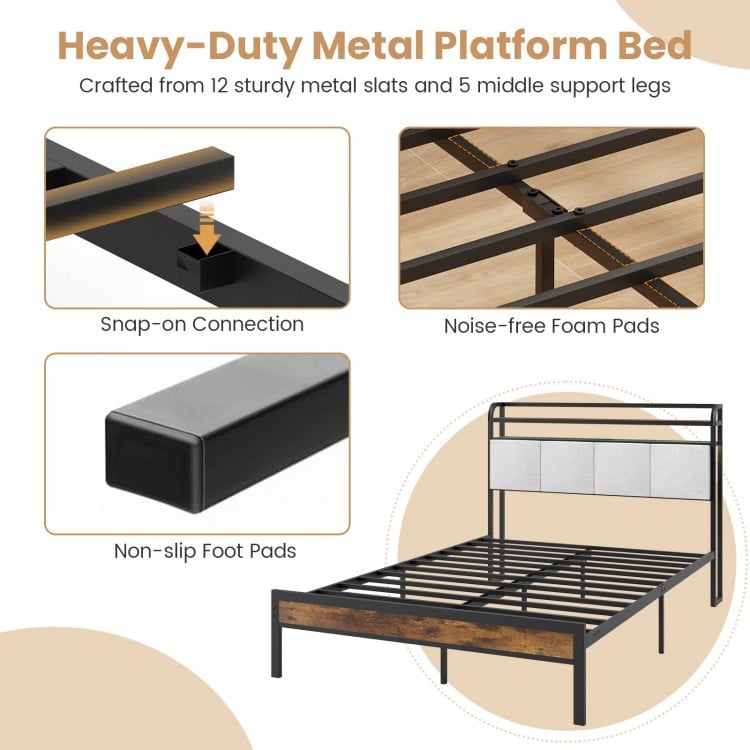 Twin/Full/Queen/King Size Bed Frame with LED Light and Charging Station-Full Size