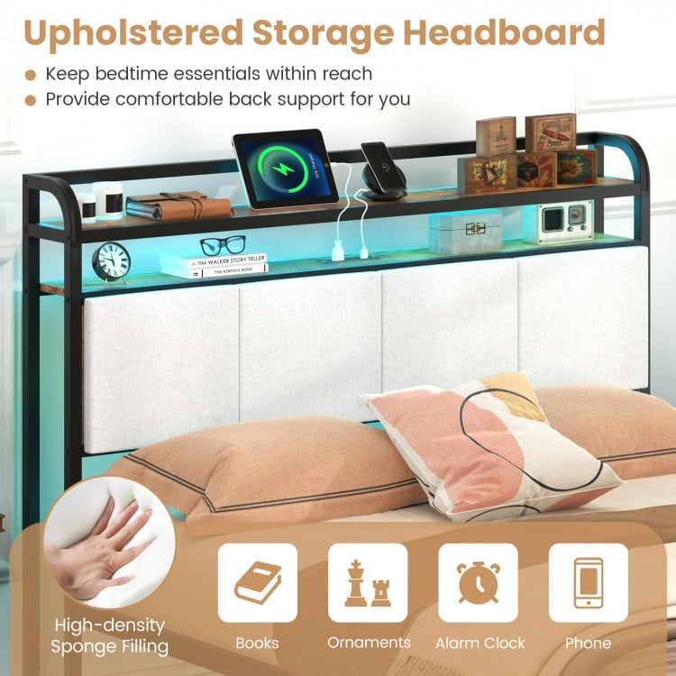 Twin/Full/Queen/King Size Bed Frame with LED Light and Charging Station-Full Size