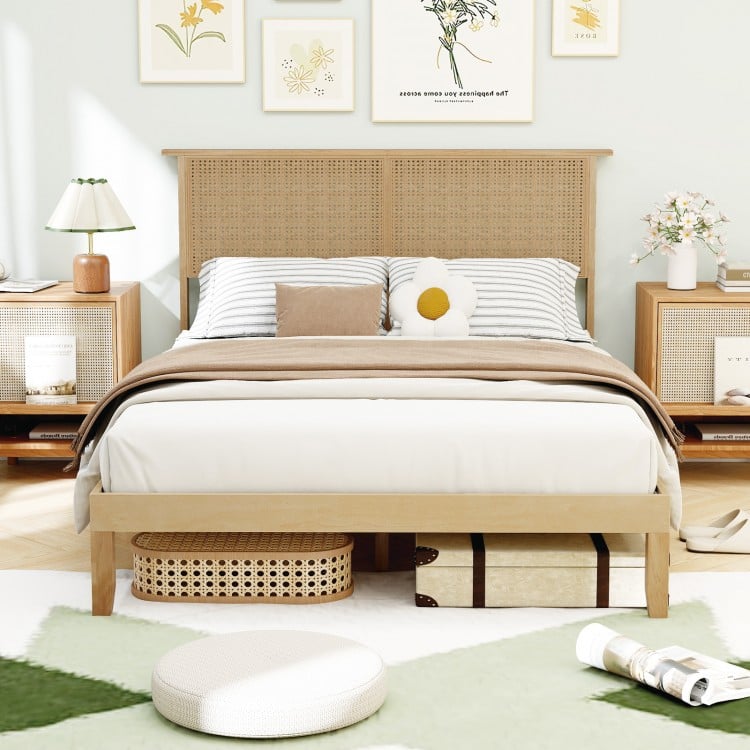 Twin/Full/Queen Size Bed Frame with Rattan Headboard-Full Size